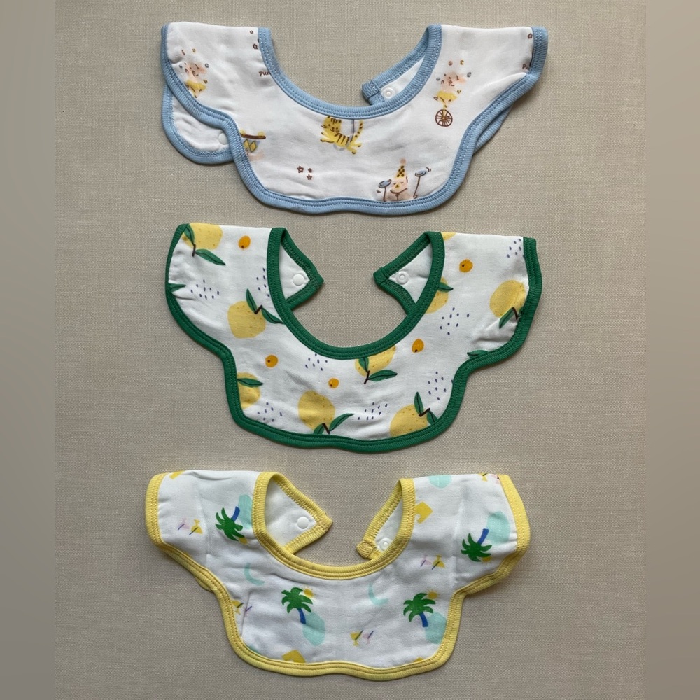 Baby Bib Set - Blue, Green & Yellow Scalloped Cotton Bibs